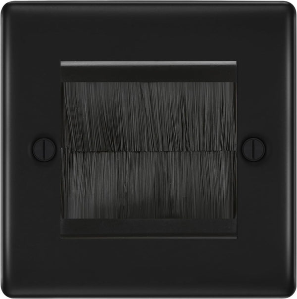 BG Matt Black Single 2 Gang Brush Cable Entry Wall Plate Black