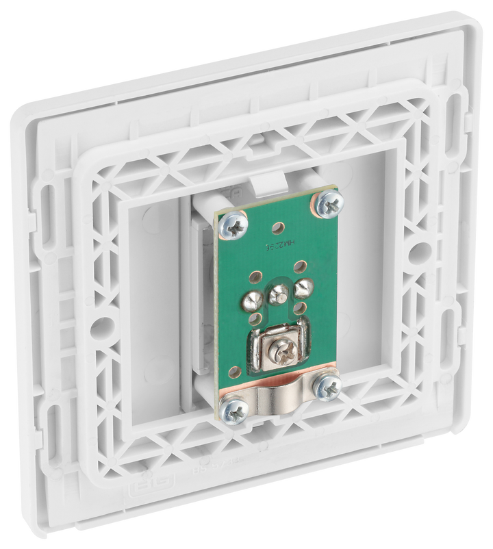  PCDCL60W Back - This Evolve pearlescent white single coaxial socket from British General can be used for TV or FM aerial connections. This socket has a low profile screwless flat plate that clips on and off, making it ideal for modern interiors.