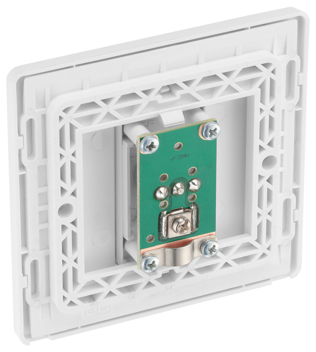  PCDCL60W Back - This Evolve pearlescent white single coaxial socket from British General can be used for TV or FM aerial connections. This socket has a low profile screwless flat plate that clips on and off, making it ideal for modern interiors.