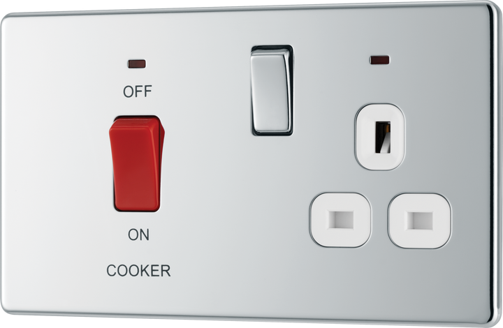 FPC70W Front - This 45A cooker control unit from British General includes a 13A socket for an additional appliance outlet and has flush LED indicators above the socket and switch.