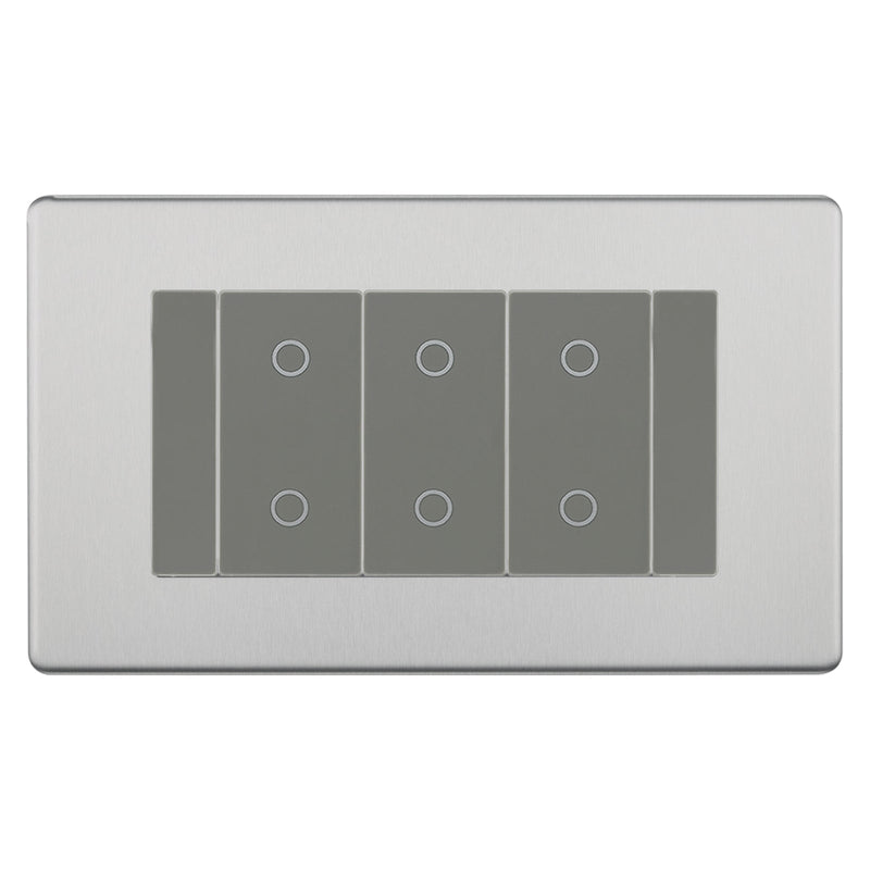 BG Nexus Screwless Brushed Steel Triple Master Touch Dimmer Switch Grey Inserts FBSTDM3G