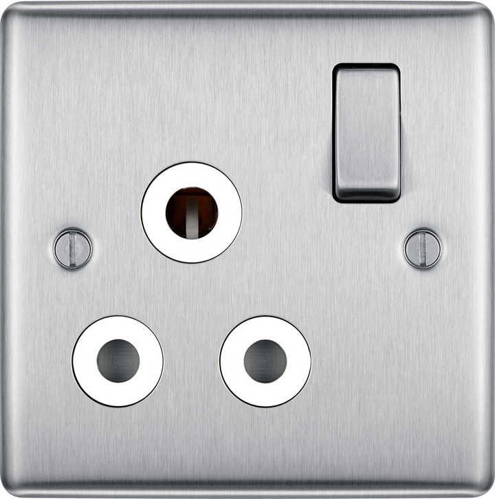 NBS99W Front - This 15A round pin switched socket from British General has a brushed steel finish with an anti-fingerprint lacquer and a sleek and slim profile with softly rounded edges to add a touch of luxury to your decor. 