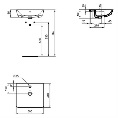 Ideal Standard Connect Air 500mm Semi-Recessed Basin With Overflow - White - E03