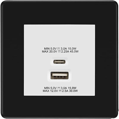 BG Screwless Matt Black 45W USB Wall Socket Euro Module USB-A & C - White Insert by British General (BG-FFBEMS2+EMUSBAC45W)