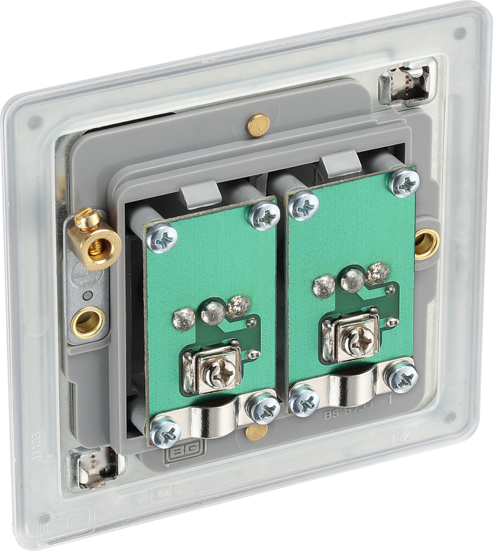 FBS63 Back - This isolated coaxial socket from British General has 2 connection points for TV or FM coaxial aerial connections. An isolated aerial connection is ideal for use where a communal dish or aerial is used such as in a block of flats.