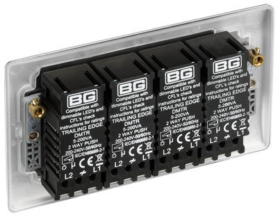 BG NBS84 Nexus Metal Brushed Steel 4 Gang 200W 2 Way Trailing Edge Push Type Dimmer Switch