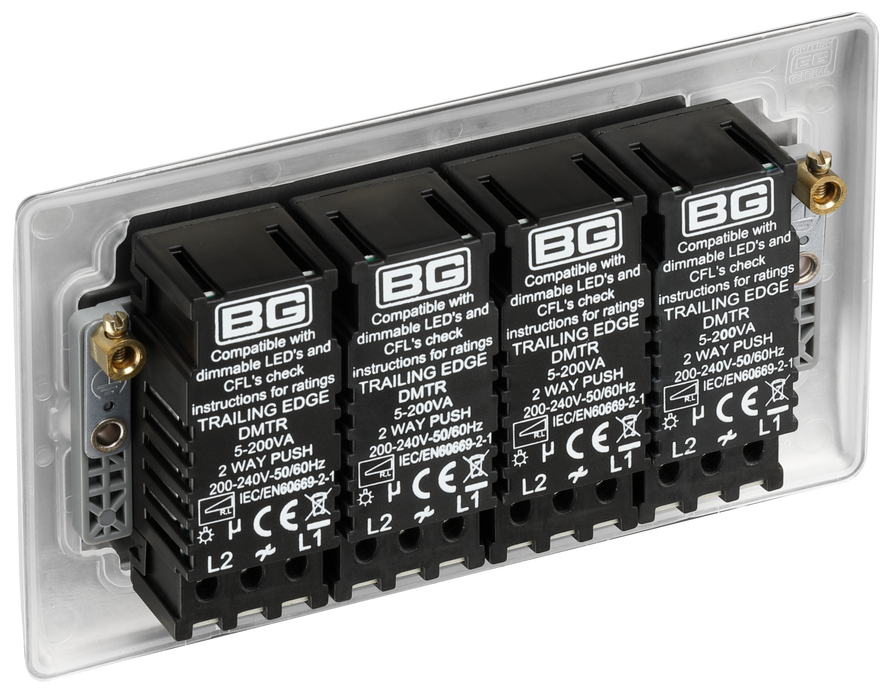  NBS84 Back -This trailing edge quadruple dimmer switch from British General allows you to control your light levels and set the mood. The intelligent electronic circuit monitors the connected load and provides a soft-start with protection against thermal, current and voltage overload.