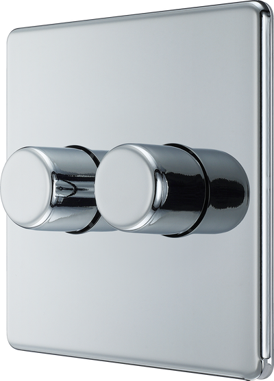 BG Electrical FPC82 Nexus Flatplate Screwless Polished Chrome 2 Gang 200W 2 Way Trailing-Edge Push Dimmer Switch