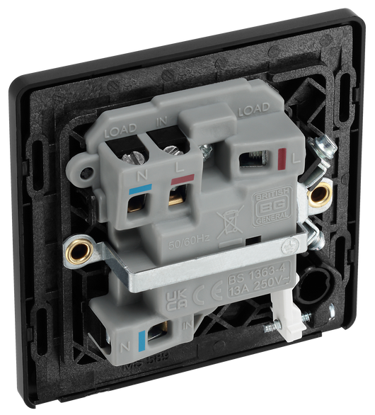 PCDSB52B Back - This Evolve Satin Brass 13A fused and switched connection unit from British General with power indicator provides an outlet from the mains containing the fuse, ideal for spur circuits and hardwired appliances. This FCU has a low profile screwless flat plate that clips on and off, making it ideal for modern interiors.