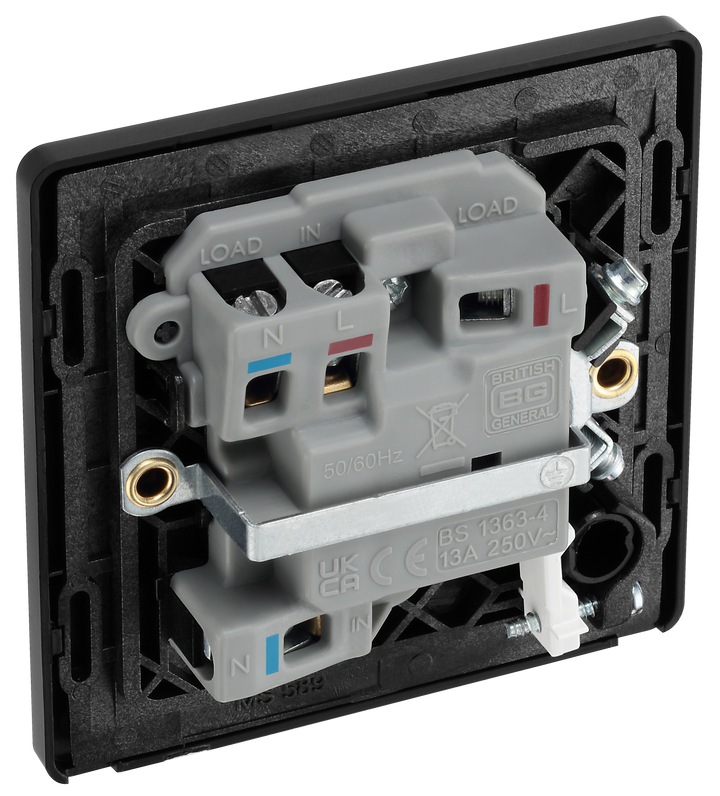 PCDSB52B Back - This Evolve Satin Brass 13A fused and switched connection unit from British General with power indicator provides an outlet from the mains containing the fuse, ideal for spur circuits and hardwired appliances. This FCU has a low profile screwless flat plate that clips on and off, making it ideal for modern interiors.