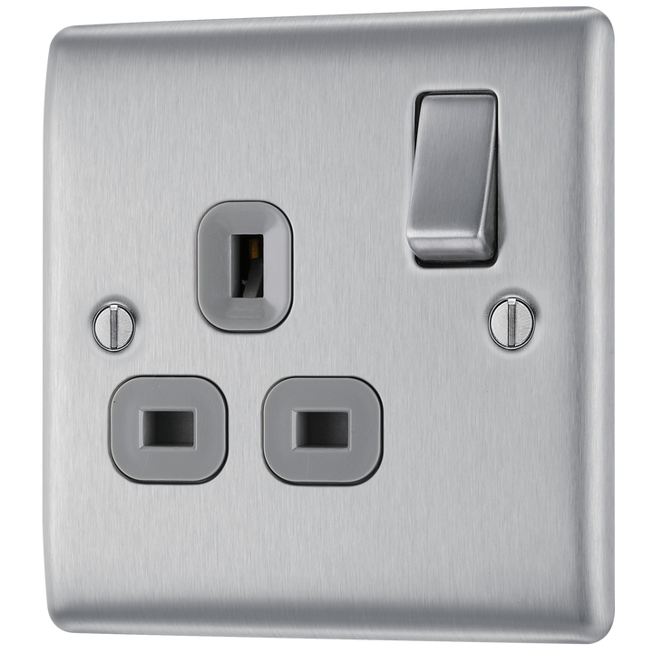 NBS21G Front - This brushed steel finish 13A single switched socket from British General has a sleek and slim profile with softly rounded edges, anti-fingerprint lacquer and no visible plastic around the switch for a luxurious finish.