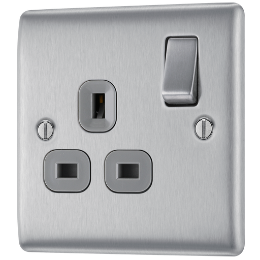 NBS21G Front - This brushed steel finish 13A single switched socket from British General has a sleek and slim profile with softly rounded edges, anti-fingerprint lacquer and no visible plastic around the switch for a luxurious finish.