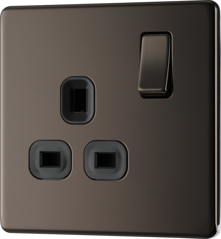 FBN21B Front - This Screwless Flat plate black nickel finish 13A single switched socket from British General has a sleek flat profile that clips on and off for a screwless premium finish with no visible plastic around the switch.