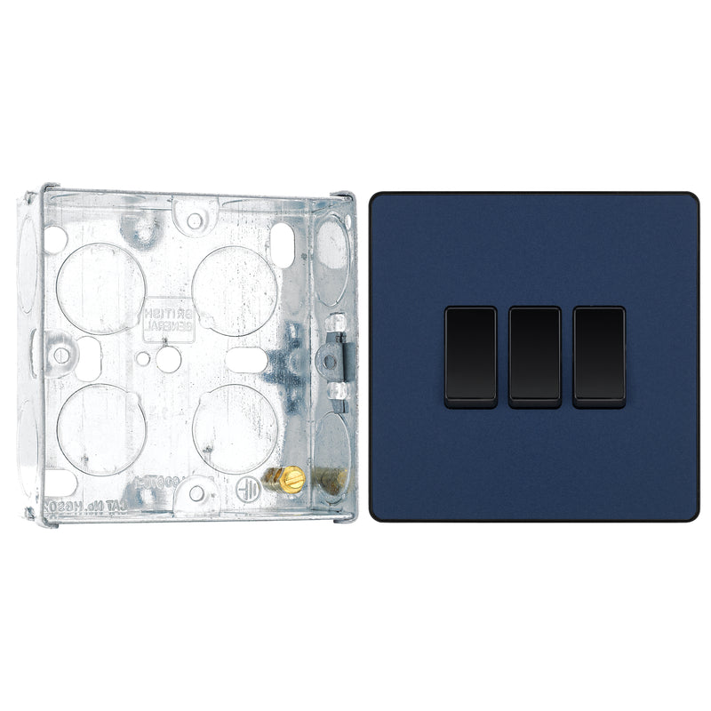 BG Evolve Matt Blue 3 Gang 20A 16AX 2 Way Light Switch PCDDB43B with 25mm Steel Back Box