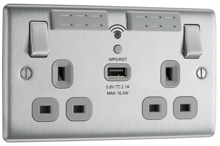 NBS24U44B Front - This 13A double power socket with integrated Wi-Fi Extender from British General will eliminate dead spots and extend your Wi-Fi coverage. Designed to work with all wireless broadband routers and easy to install with one touch WPS this includes a USB charging port.