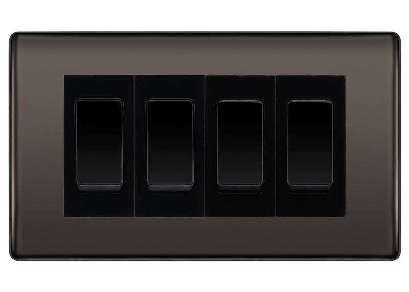 BG Nexus Black Nickel 4-Gang Light Switch 3x 2-Way + 1x Intermediate – Black Inserts