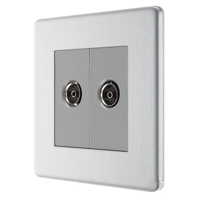 BG Screwless Brushed Steel Double Co-Axial Socket FBS61 with 25mm Steel Back Box