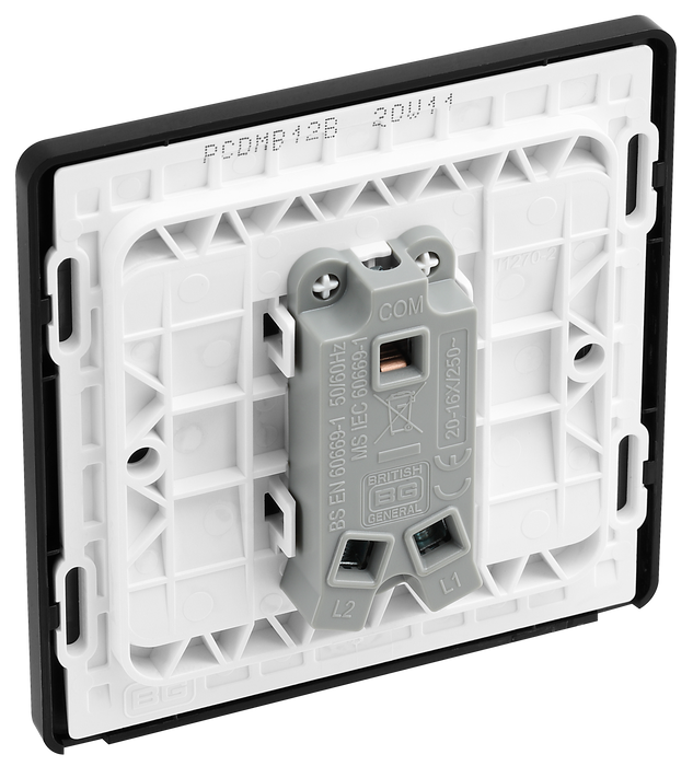 PCDMB12B Back - This Evolve Matt Black 20A 16AX single light switch from British General will operate one light in a room. The 2 way switching allows a second switch to be added to the circuit to operate the same light from another location (e.g. at the top and bottom of the stairs).