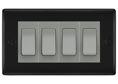 BG Nexus Matt Black 4-Gang Light Switch 3x 2-Way + 1x Intermediate – Grey Inserts