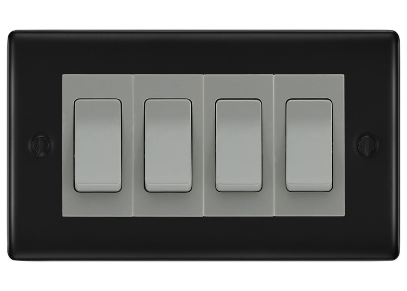 BG Nexus Matt Black 4-Gang Light Switch 3x 2-Way + 1x Intermediate – Grey Inserts