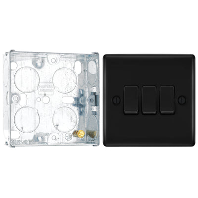 BG Nexus Matt Black 20A 16AX 2 Way Triple Light Switch NFB43 with 25mm Steel Back Box by British General (BG-NFB43+HGS02)