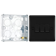 BG Nexus Matt Black 20A 16AX 2 Way Triple Light Switch NFB43 with 25mm Steel Back Box by British General (BG-NFB43+HGS02)