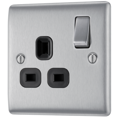 BG NBS21B Nexus Metal Brushed Steel 1 Gang 13A Switched Socket - Black Insert
