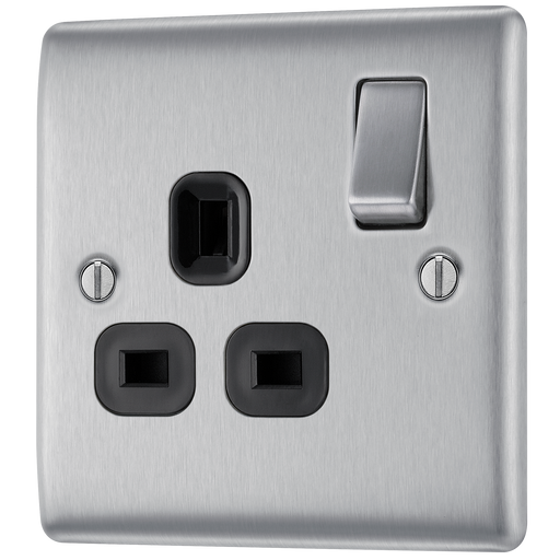 NBS21B Front - This brushed steel finish 13A single switched socket from British General has a sleek and slim profile with softly rounded edges, anti-fingerprint lacquer and no visible plastic around the switch for a luxurious finish.