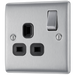 NBS21B Front - This brushed steel finish 13A single switched socket from British General has a sleek and slim profile with softly rounded edges, anti-fingerprint lacquer and no visible plastic around the switch for a luxurious finish.