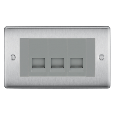 BG Nexus Brushed Steel 3 Gang Master Telephone Socket, Screw Terminal - Grey Insert by British General (BG-NBSBTMS3G)