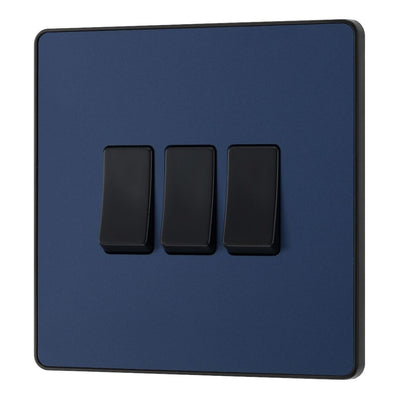 BG Evolve Matt Blue 3 Gang 20A 16AX 2 Way Light Switch PCDDB43B with 35mm Steel Back Box