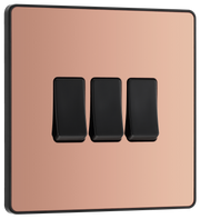 BG Evolve PCDCP43B Polished Copper 3 Gang 20A 16AX 2 Way Light Switch - Black Insert by British General (BG-PCDCP43B-Shopify-SA_1)