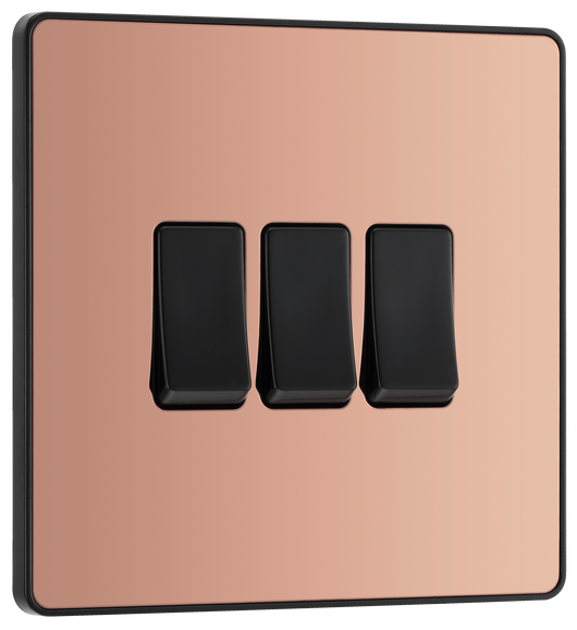 PCDCP43B Front - This Evolve Polished Copper 20A 16AX triple light switch from British General can operate 3 different lights, whilst the 2 way switching allows a second switch to be added to the circuit to operate the same light from another location (e.g. at the top and bottom of the stairs).