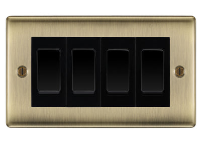 BG Nexus Antique Brass 4 Gang 20AX 2-Way Switch Custom Grid - Black Insert by British General (BG-Nexus-AB-4G-Combo-4x 2WAY-BL)