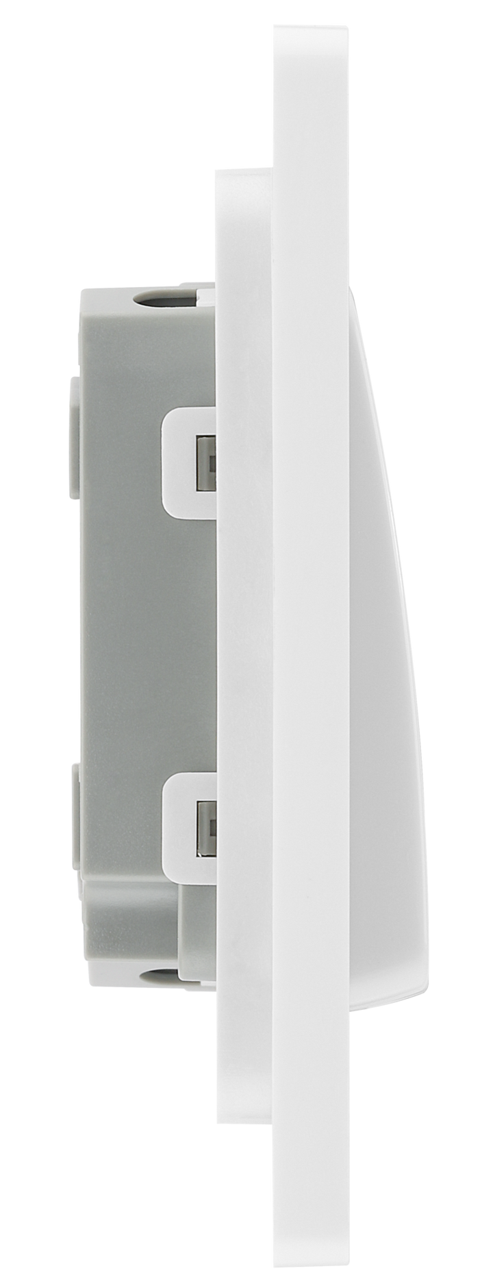 PCDBS42WW Side - This Evolve Brushed Steel 20A 16AX double light switch from British General can operate 2 different lights, whilst the 2 way switching allows a second switch to be added to the circuit to operate the same light from another location (e.g. at the top and bottom of the stairs).