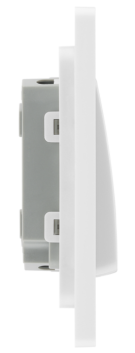 PCDBS42WW Side - This Evolve Brushed Steel 20A 16AX double light switch from British General can operate 2 different lights, whilst the 2 way switching allows a second switch to be added to the circuit to operate the same light from another location (e.g. at the top and bottom of the stairs).