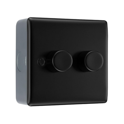 BG Nexus Matt Black 2 Gang 200W 2 Way Push On-Off Intelligent LED Dimmer Switch & Surface Pattress Back Box