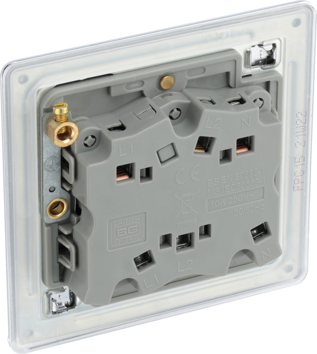 FPC15 Back - This Screwless Flat plate polished chrome finish 10A triple pole fan isolator switch from British General provides a safe and simple method of isolating mechanical fan units.