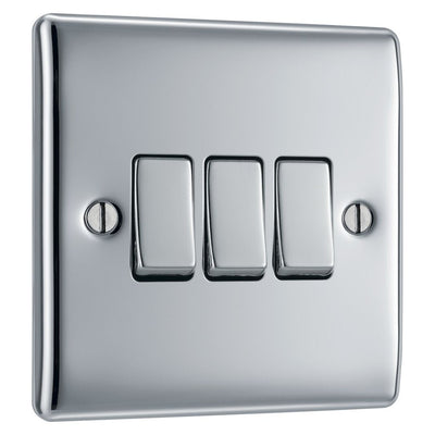 BG Nexus Metal Polished Chrome 20A 16AX 2 Way Triple Light Switch NPC43 with 25mm Steel Back Box