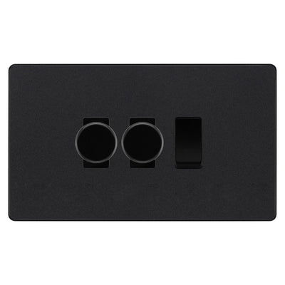 BG Evolve Matt Black 3 Gang Light Switch 2x Trailing Edge LED Dimmer 1x 2 Way Custom Switch