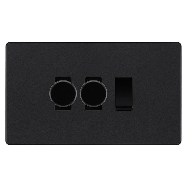 BG Evolve Matt Black 3 Gang Light Switch 2x Trailing Edge LED Dimmer 1x 2 Way Custom Switch