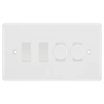 BG White Moulded 4 Gang Light Switch Grid – 2x Trailing-Edge LED Dimmer, 1x Intermediate, 1x 2-Way Switch by British General (BG-Nexus-WM-4G-2x-Dimmer-1x-INT-1x-2Way)