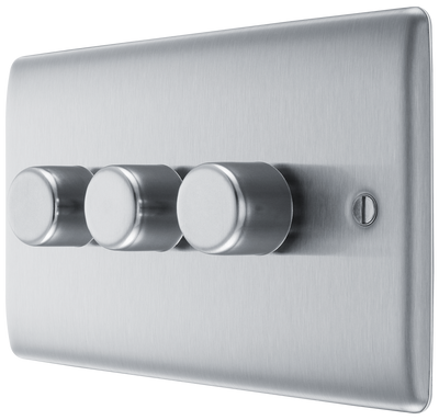 BG NBS83 Nexus Metal Brushed Steel 3 Gang 200W 2 Way Trailing Edge Push Type Dimmer Switch by British General (BG-NBS83)