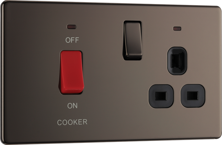  FBN70B Front - This 45A cooker control unit from British General includes a 13A socket for an additional appliance outlet and has flush LED indicators above the socket and switch.