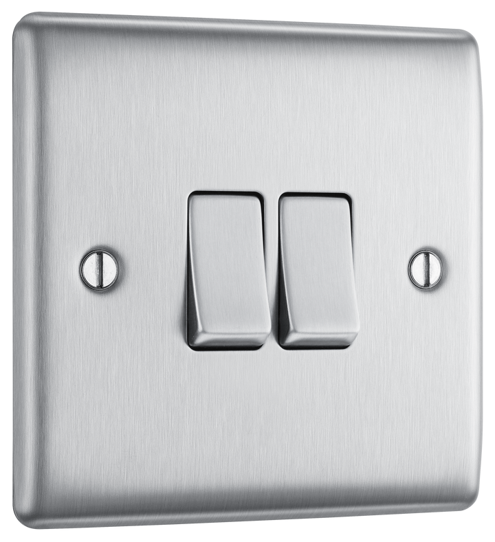 NBS42 Front -This brushed steel finish 20A 16AX double light switch from British General can operate 2 different lights whilst the 2 way switching allows a second switch to be added to the circuit to operate the same light from another location (e.g. at the top and bottom of the stairs).