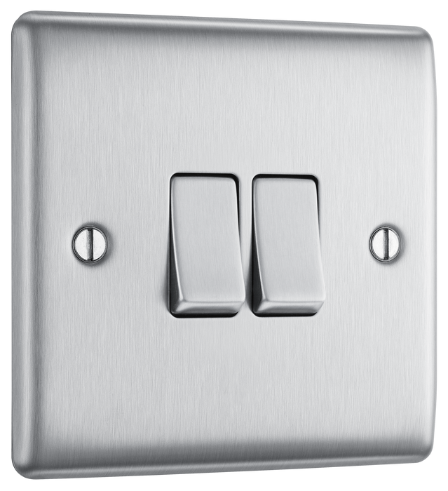 NBS42 Front -This brushed steel finish 20A 16AX double light switch from British General can operate 2 different lights whilst the 2 way switching allows a second switch to be added to the circuit to operate the same light from another location (e.g. at the top and bottom of the stairs).