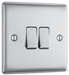 NBS42 Front -This brushed steel finish 20A 16AX double light switch from British General can operate 2 different lights whilst the 2 way switching allows a second switch to be added to the circuit to operate the same light from another location (e.g. at the top and bottom of the stairs).