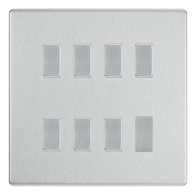 BG Brushed Steel Screwless 7 Gang Intermediate Custom Grid Light Switch with Back Box Included by British General (BG-SCL-BS-7G-CUSTOM-7x-INT-SWITCH)