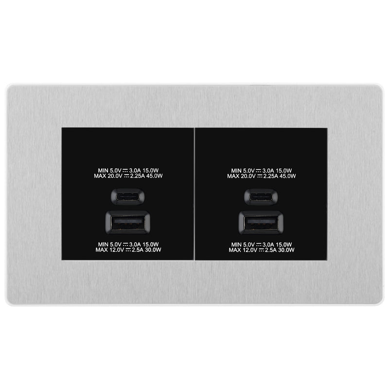 BG Evolve Brushed Steel 4G Faceplate with 45W USB A+C Charger Modules – Black Insert