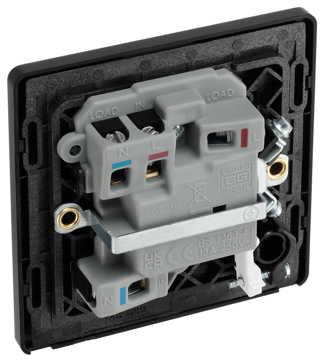 PCDDB52B Back -This Evolve Matt Blue 13A fused and switched connection unit from British General with power indicator provides an outlet from the mains containing the fuse, ideal for spur circuits and hardwired appliances.